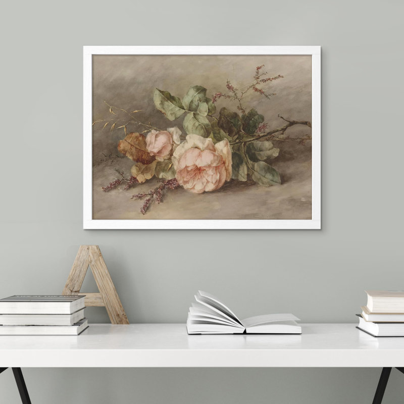 "Fleurs de jardin roses" sur papier, H 12 po x l 16 po, Blanc