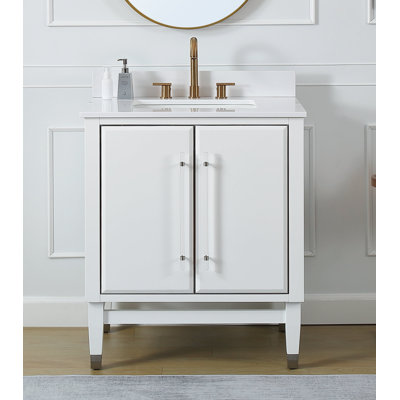 Benton Collection 30 Inch Freestanding White Single Sink Bathroom Vanity Set With White Quartz Top