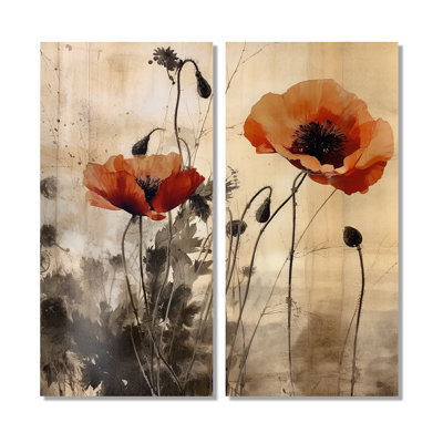 «Vintage Beige Poppies II», reproduction sur toile encadrée florale