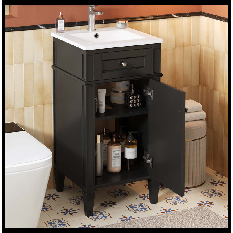 Meuble-lavabo autoportant de 16 po de style français avec lavabo en céramique, armoire simple avec porte à fermeture douce, tablette réglable et pieds pleins, noir