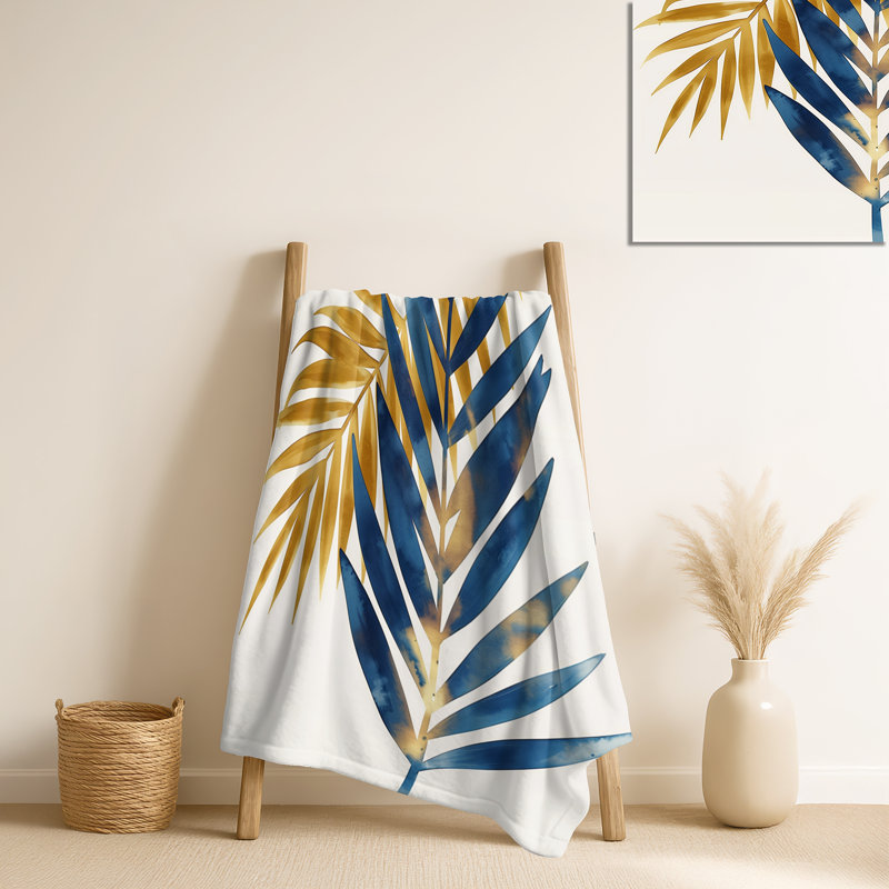 Jeté de salon bleu et doré Palm Leaves IV - Palmiers et palmiers