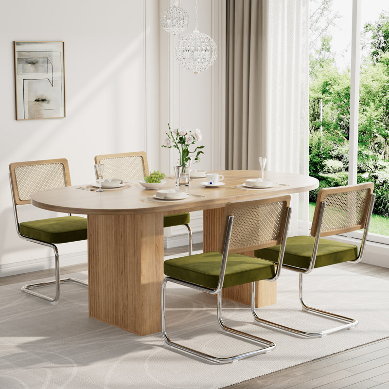 Modern Oval Pedestal Dining Table Sets, 5 Pieces: Table, 4 Chairs, Olive Green, Brown