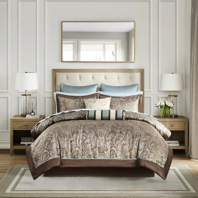 12 Piece Bedding With Cotton Sheets In Blue/Brown. Contains Comforter, Euro Shams, Pillows, Bed Skirt. Beautiful Blue/Brown Comforter And Sheet . Comprises Decorative Fascinating