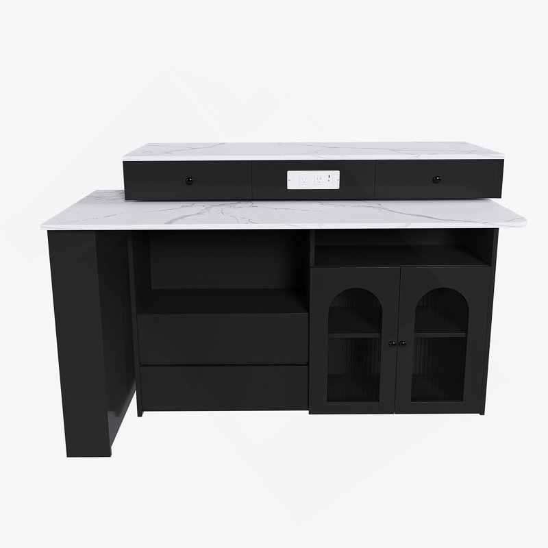 Kitchen Island With Extendable And Rotating Table, Wooden Kitchen Island With 4 Drawers, Black/White Marble