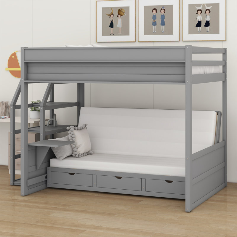 Lit superposé convertible avec escalier de rangement, table de chevet et 3 tiroirs, Gris