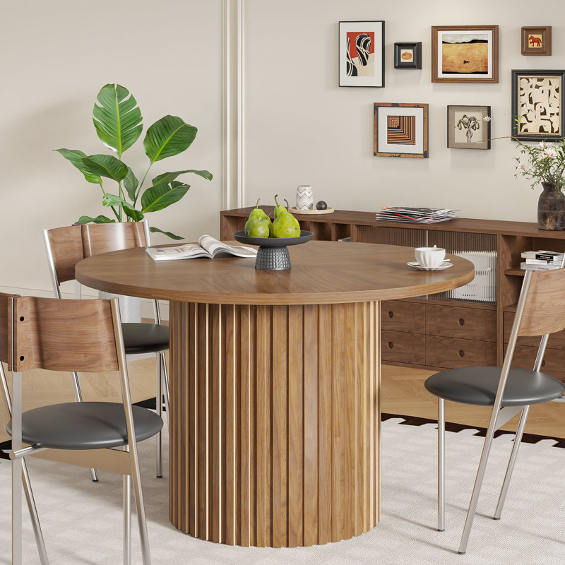 Round Dining Table For 4-6 People, Round Pedestal Dining Table, Kitchen Table With Strip Columns Base, Walnut