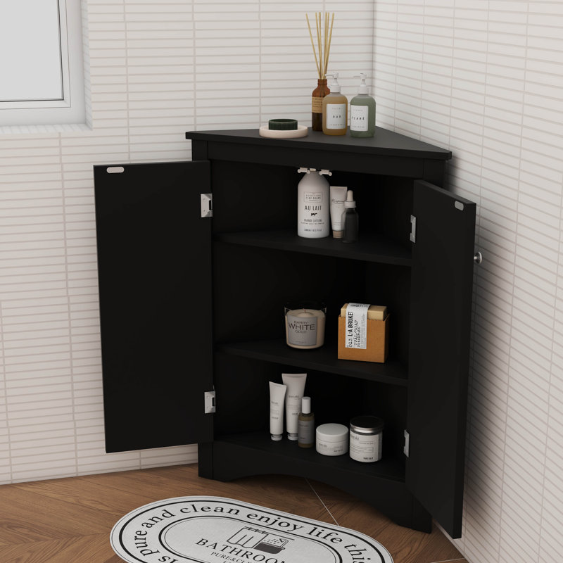 Armoire de rangement autoportante triangulaire pour salle de bain avec tablettes réglables, Noir