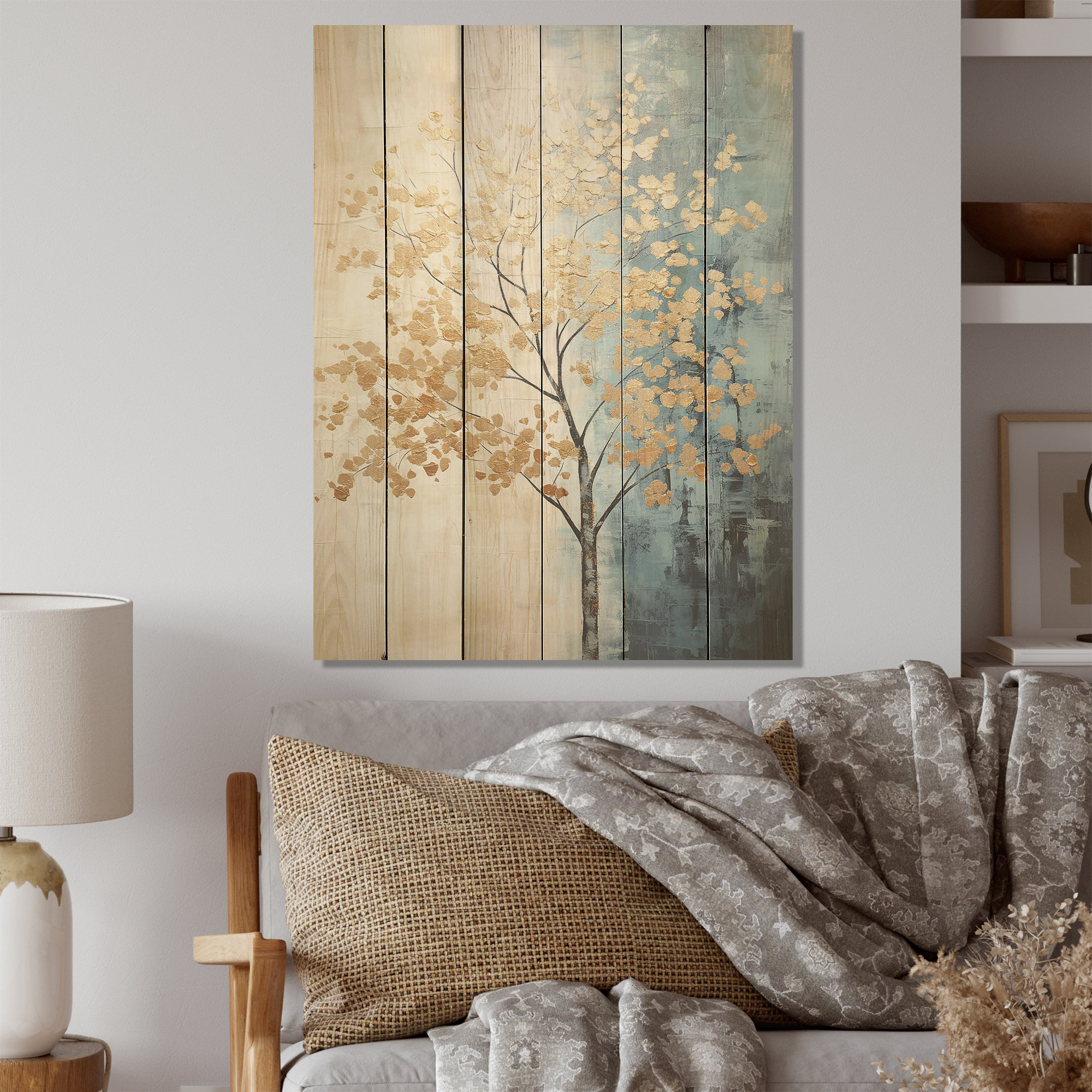 Lark Manor Gold And Blue Trees Harmony Trees Wood Panel Wall Art On
