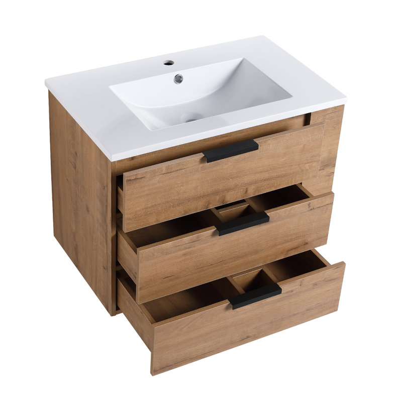 Meuble-lavabo mural simple 30 po avec lavabo en céramique, meuble-lavabo flottant avec 3 tiroirs et 3 tablettes