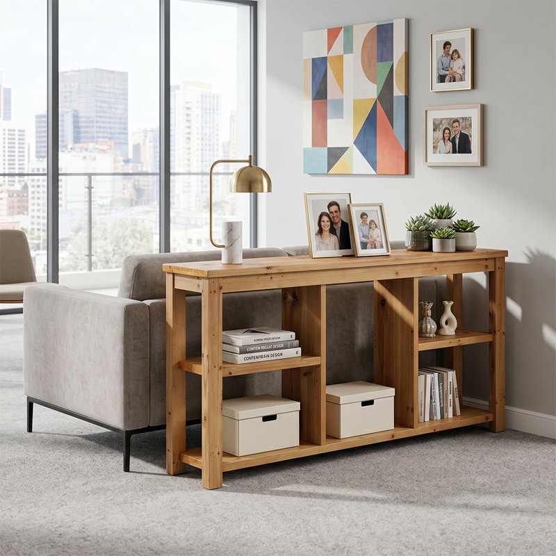 Longue console rustique, 3 tablettes de rangement réglables en bois