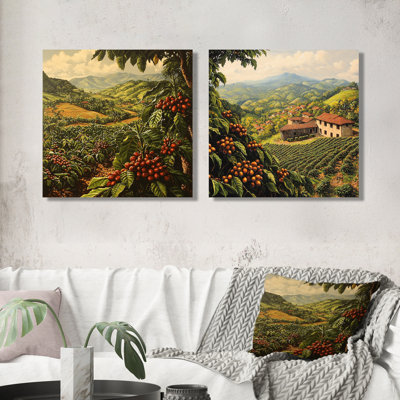 Green Coffee Harvest in El Salvador I - El Salvador Wall Decor - Traditional Wall Art 2 Piece