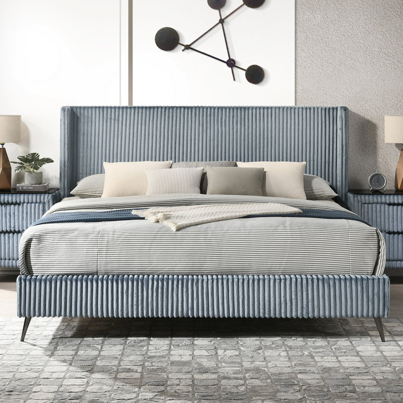 Corduroy Upholstery Panel Bed, Blue, King