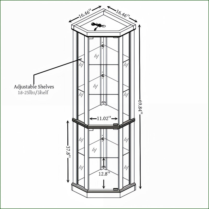 Cabinets: Lighted Corner Curio Cabinet with Adjustable Shelves | Light Oak | Traditional MDF+Glass