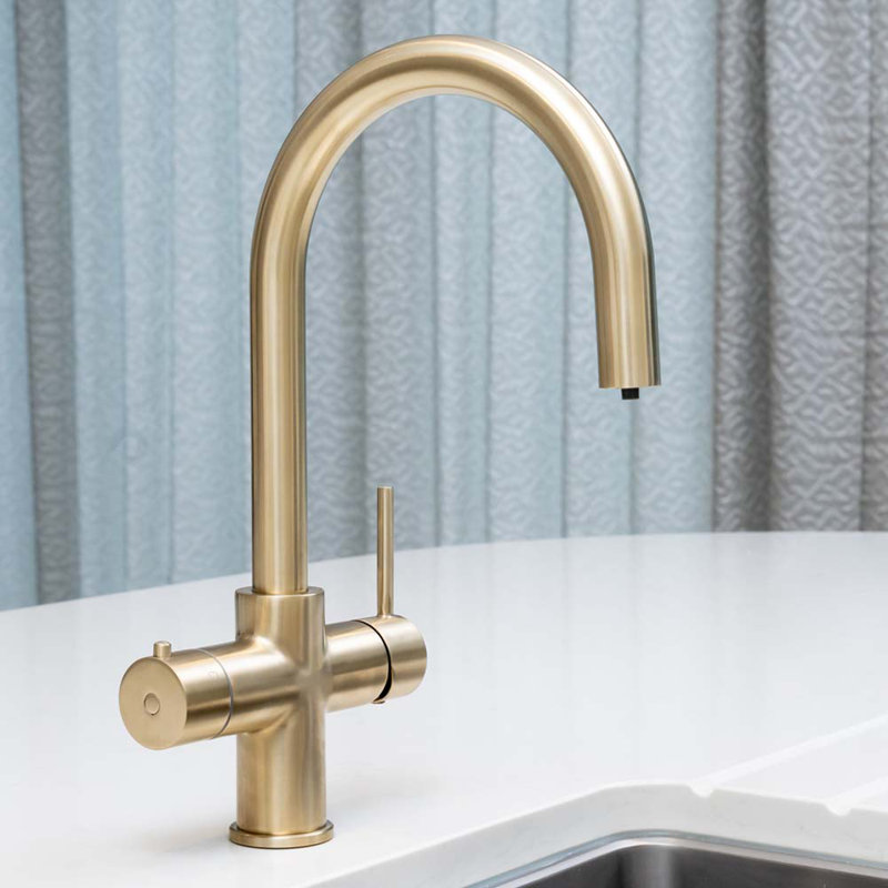 4-in-1 Instant Boiling and Filtered Water Tap - C Shape - 2.4 Litre Boiler, Brushed Brass