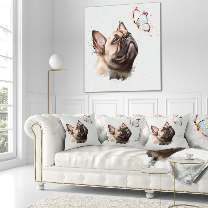 Drôle de chien français avec papillon - coussin imprimé animal, 18 po x 18 po, Coussin décoratif