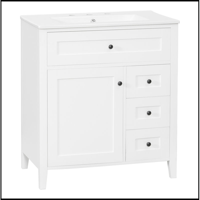 Meuble-lavabo avec lavabo, 3 tiroirs et tablette réglable, White