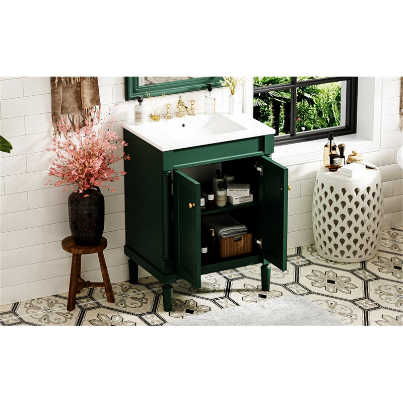 Meuble-lavabo de salle de bain 24 po avec lavabo supérieur en céramique, porte et armoire de rangement, Vert, Doré