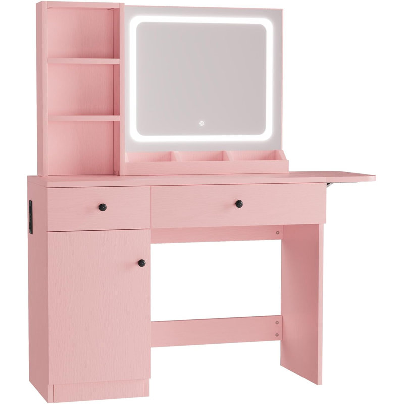 Makeup Vanity Desk with Mirror & Lights, Drawer Power Outlet Chair Set, Pink, Pink