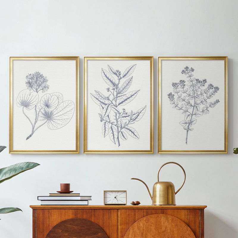 Indigo Botany Study IV - Toile tendue avec châssis sur mesure - 3 pièces, H 39 po x l 81 po, Doré