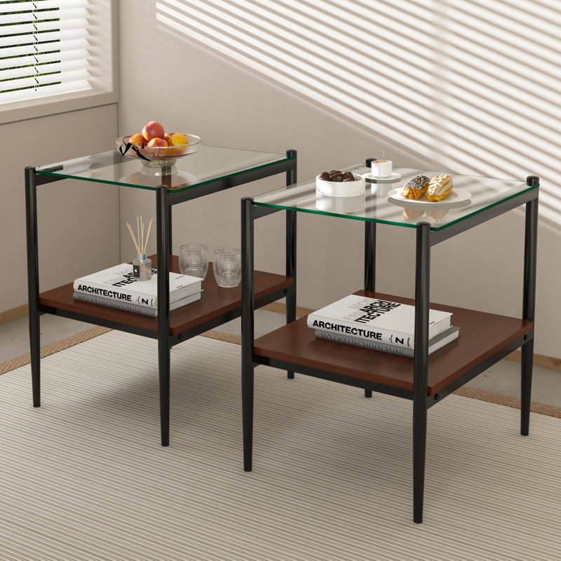 Tables d'appoint en verre trempé avec tablette Finkelstein, Transparent, Noir