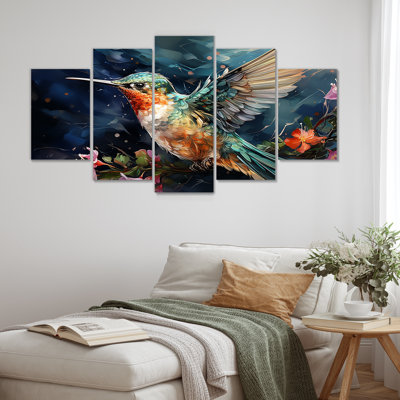 Green Fluttering Emerald Hummingbird Blooms I - Hummingbird Multipanel Wall Art Canvas