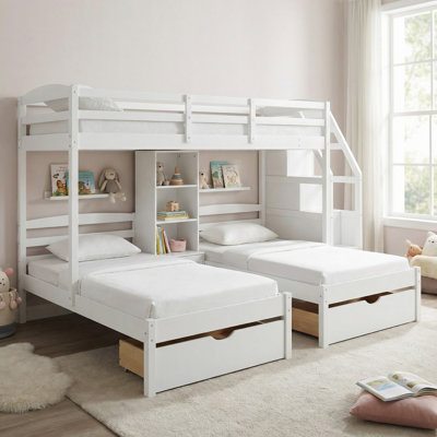 Twin Over Twin& Twin Bunk Bed, Triple Bunk Bed with Drawers, Staircase with Storage, Built-in Shelves for Bedroom