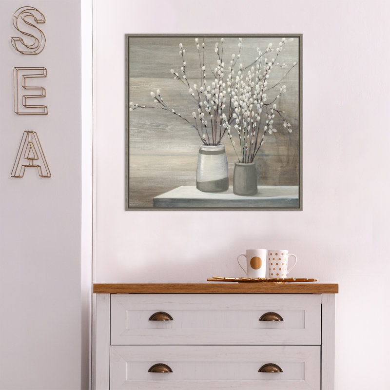 Reproduction d’art sur toile « pussy willow still life gray pots crop » par julia purvis, H 22 po x l 22 po x P 1,875 po