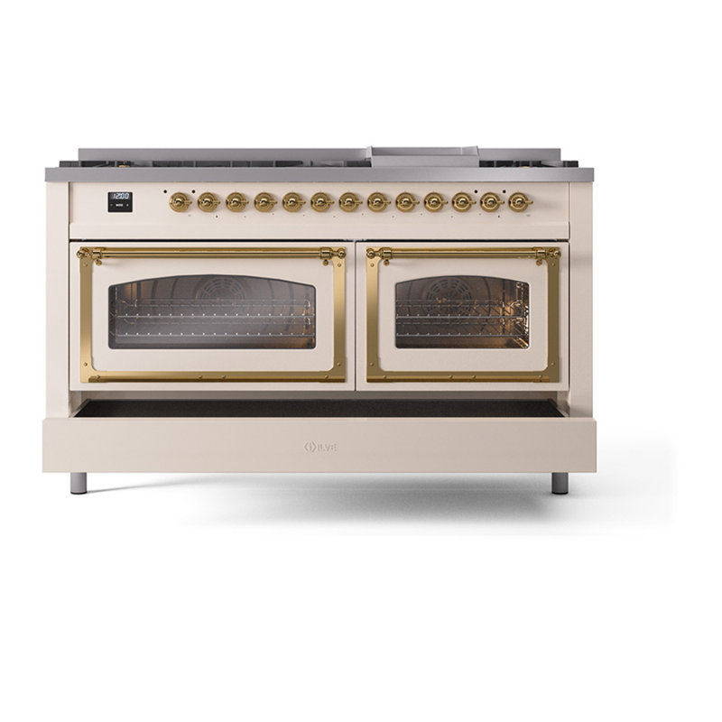 ILVE Nostalgie II Noblesse 60 in Dual Fuel Range, 9 Burner, Griddle, Antique White/Brass, Liquid Propane