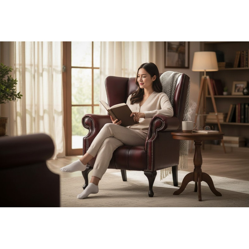 Upholstered Full Grain Leather Wingback Chair, Antique Oxblood