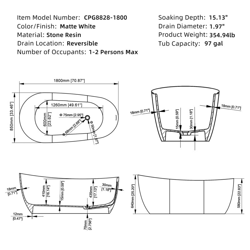 71'' x 33.46'' Freestanding Soaking Solid Surface Bathtub