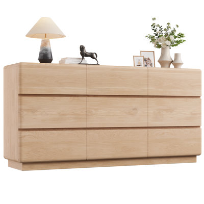 Natural Oak 9 Drawer Dresser for Bedroom, 63" Wide Dressers & Chest of Drawers with Curved Profile Design, Modern Dresser with Thickened Base for Bedroom, Living Room, Hallway