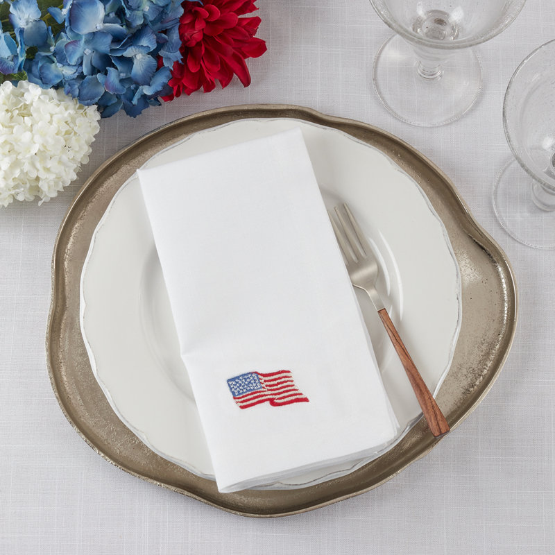 White Patriotic Embroidered American Flag Cloth Napkins 20" W X 20" L, Set Of 4