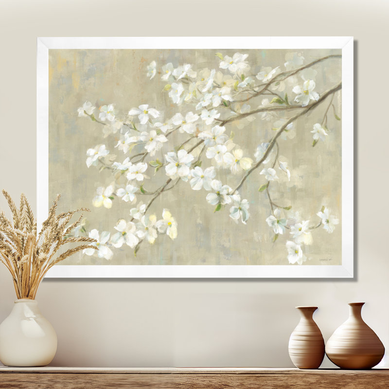 «Dogwood in Spring Neutral», reproduction d'art sur toile, H 30 po x l 40 po, Avec cadre, Blanc