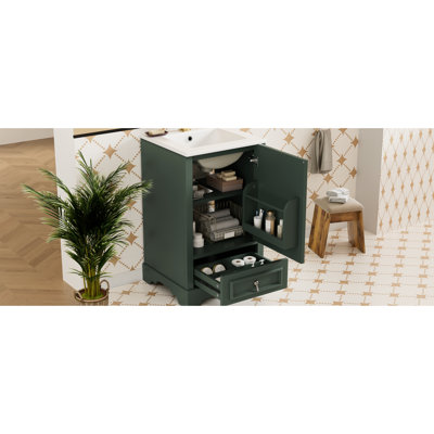 Meuble-lavabo moderne de 20 pouces avec lavabo en céramique, portes à fermeture en douceur et tiroir de compartiment dans un lavabo design, organisateur de porte, système