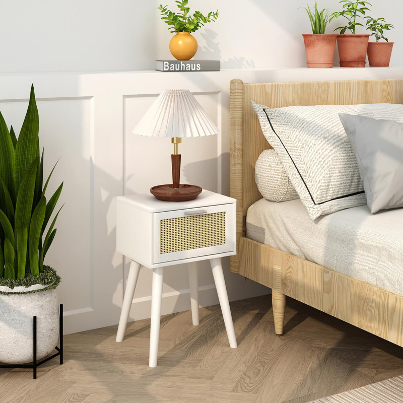 White Small End Tables with Rattan Doors, Set of 2