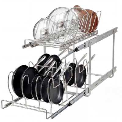 2-Tier Pull Out Pots and Pans Organizer with Adjustable Dividers, Heavy Duty Steel Slide Out Storage Rack Space Saving for 13.2"W x 23.6"D Kitchen Cabinets