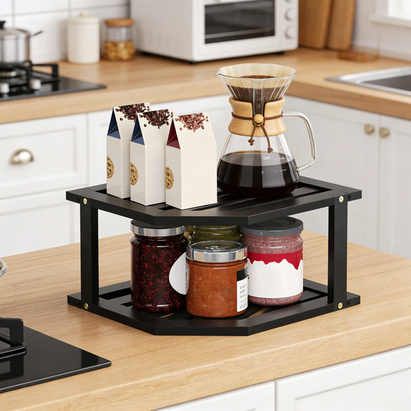 Étagère de coin en bambou à 2 niveaux pour armoire de cuisine et comptoir, garde-manger à épices et à vaisselle peu encombrant avec construction robuste, paquet de 2