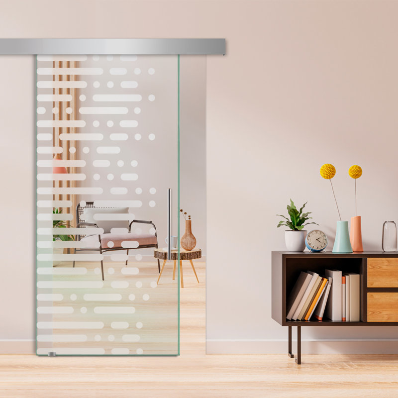 Porte de grange coulissante en verre sans cadre avec design moderne givré + ensemble de quincaillerie (non privé), Gauche
