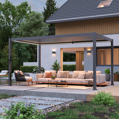 Waterproof Outdoor Pergola with LED Strip Lights, Rust-Proof Metal Pergola with Adjustable Roof for All-Weather Shade
