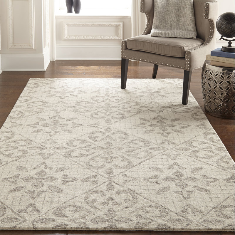 Tapis ivoire / gris en laine touffeté à la main Ambee, Rectangle 8 pi x 10 pi