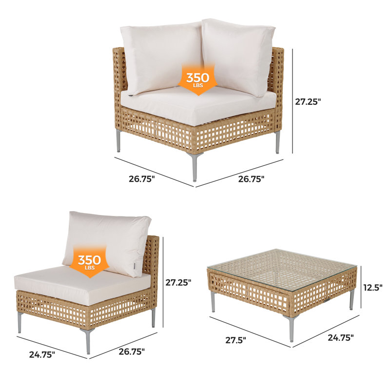 Ensemble de conversation 7 pièces en osier, Beige / bois naturel