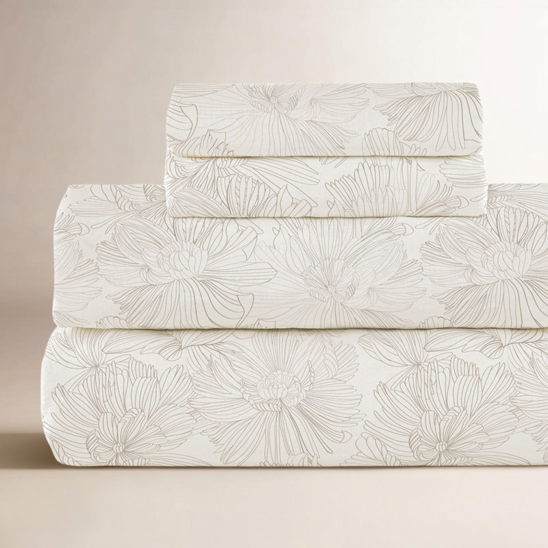 100% French Linen Sheet Set, California King Sheet Set with 2 Pillowcases, Cream/Putty Floral