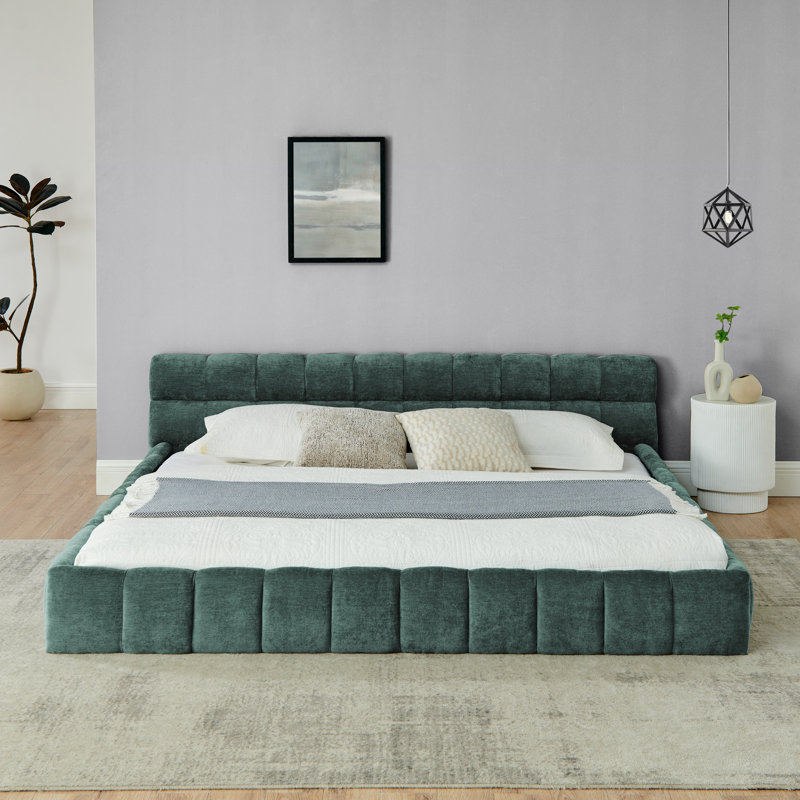 Très grand lit plateforme tapissier avec tête de lit - Structure solide, sans sommier, vert, Bleu / Vert