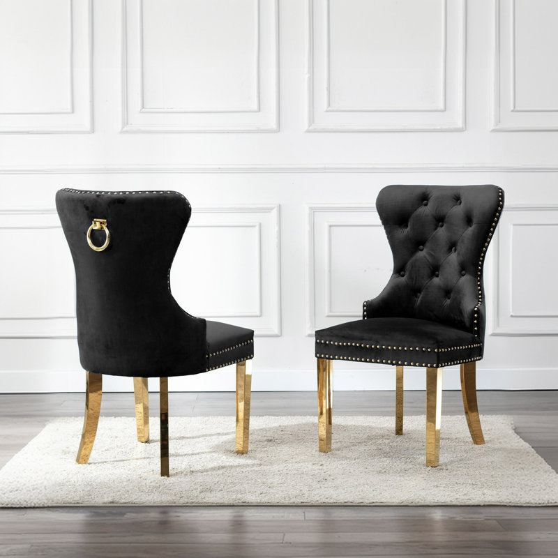 Chaise de salle à manger en velours avec pieds en bois d'hévéa Gislene, Velours noir, Doré