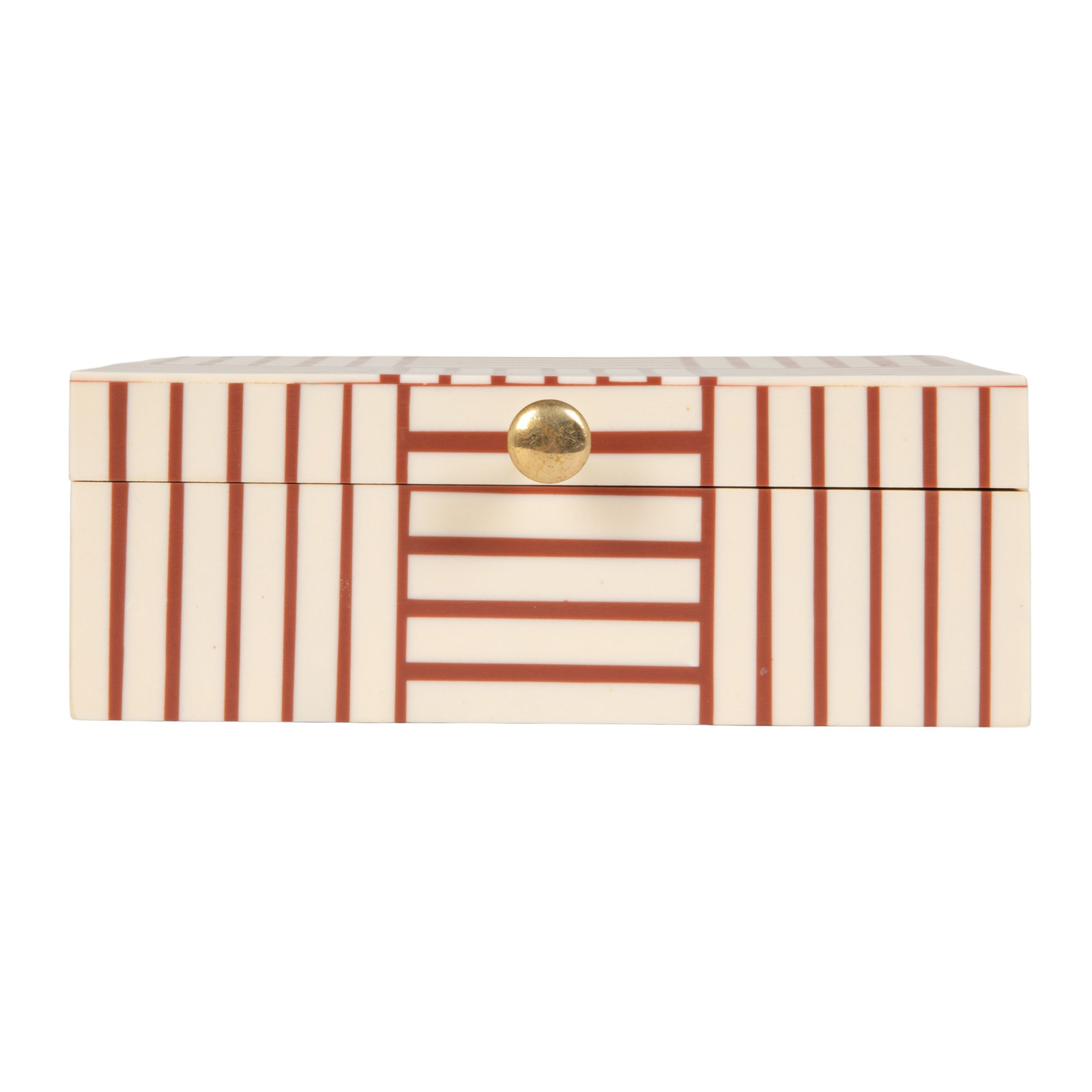 Jona Plastic Storage Box with Striped Block Pattern and Gold Knob, Orange