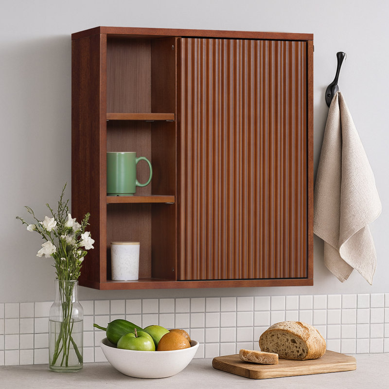 Armoire de salle de bain murale Tremolo avec compartiments de rangement ouverts et 1 porte cannelée, Noyer