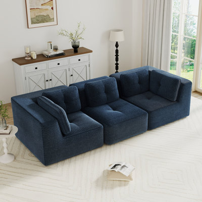 Canapé modulaire moderne pour le salon, tissu en velours côtelé, siège surdimensionné à 3 places avec siège profond, passepoil perlé, conception capitonnée, sans assemblage, conception antidérapante, bleu
