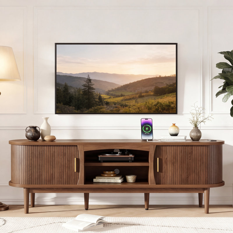 Meuble télé 69 po avec prises de courant Mid-Century Modern, H 22,83 po x L 69 po x l 15,75 po, Bois brun foncé