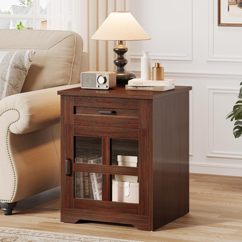 18'' Farmhouse Wood End Table With Drawer And Storage Cabinet, Brown
