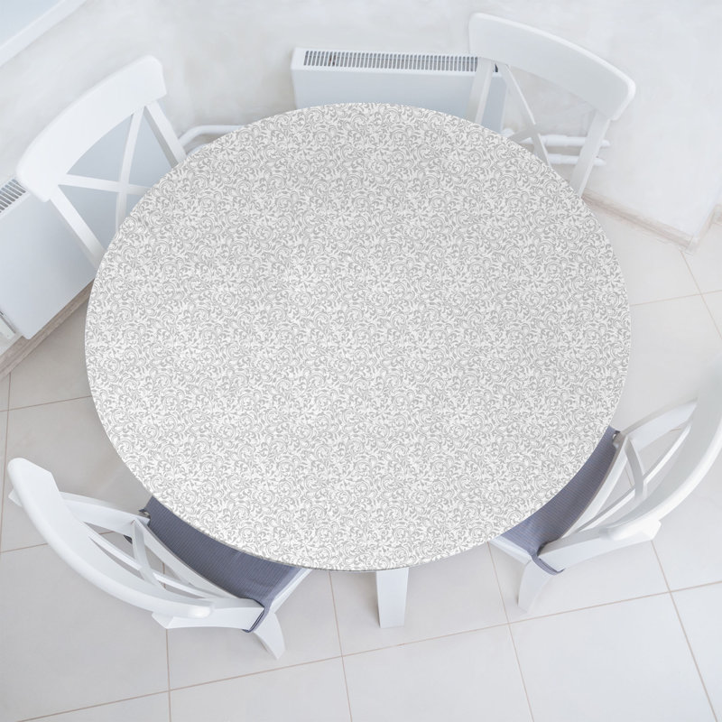 Ambesonne Floral Fitted Round Tablecloth White and Pale Grey, 64.17" Round